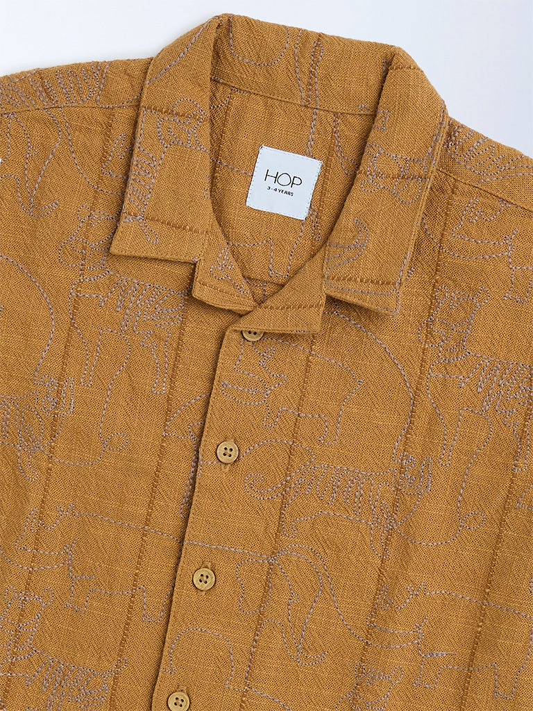 HOP Kids Mustard Embroidered Resort-Fit Cotton Shirt