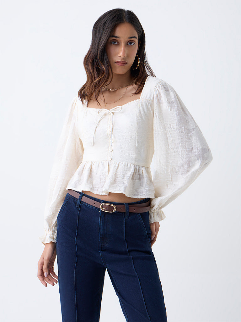 LOV Off-White Self-Patterned Peplum Top