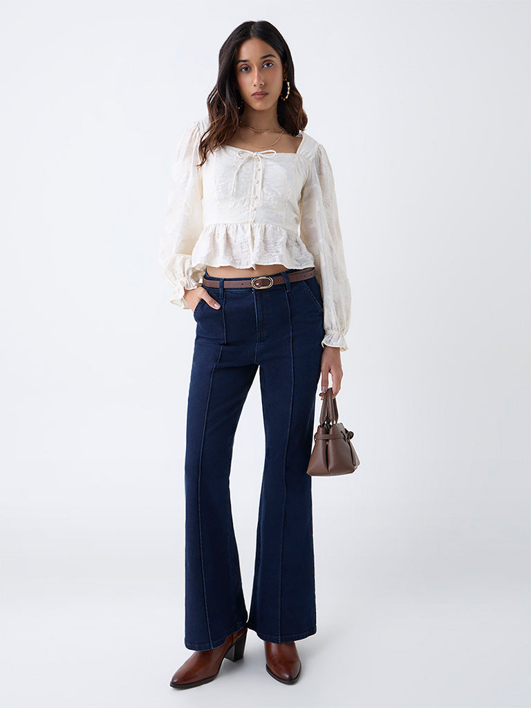 LOV Off-White Self-Patterned Peplum Top