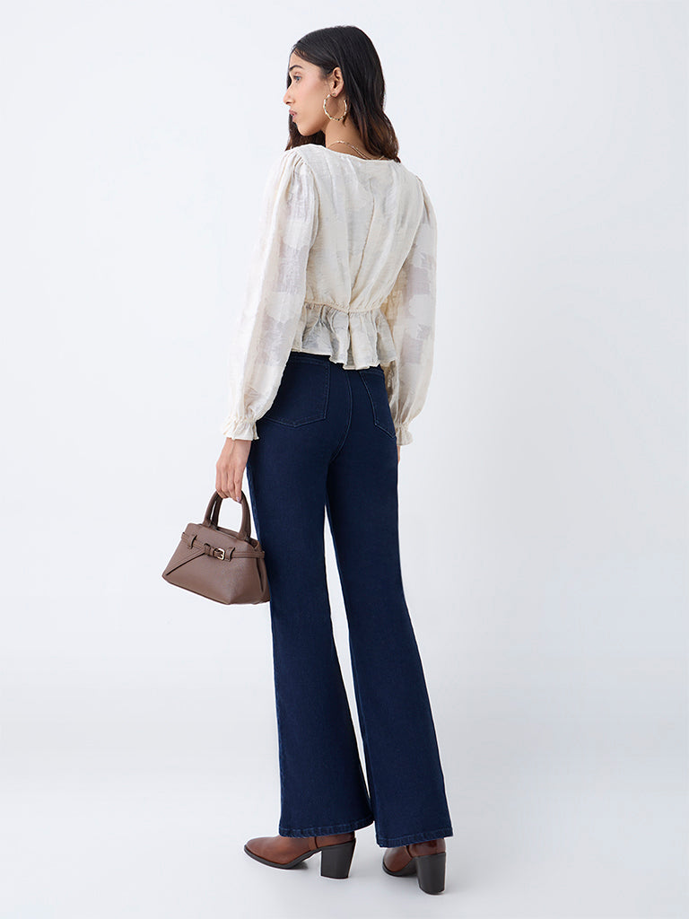 LOV Off-White Self-Patterned Peplum Top