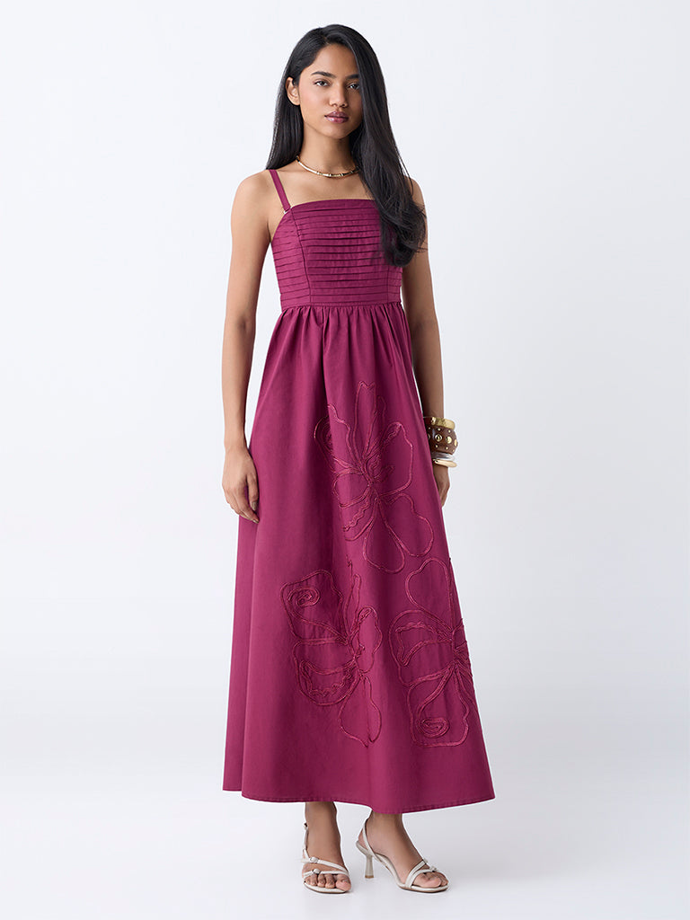 Westside LOV Women's Burgundy Floral Embroidered Cotton A-Line Dress for Casual Wear Front view