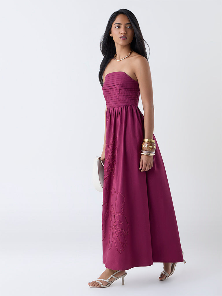 Westside LOV Women's Burgundy Floral Embroidered Cotton A-Line Dress for Casual Wear Full View