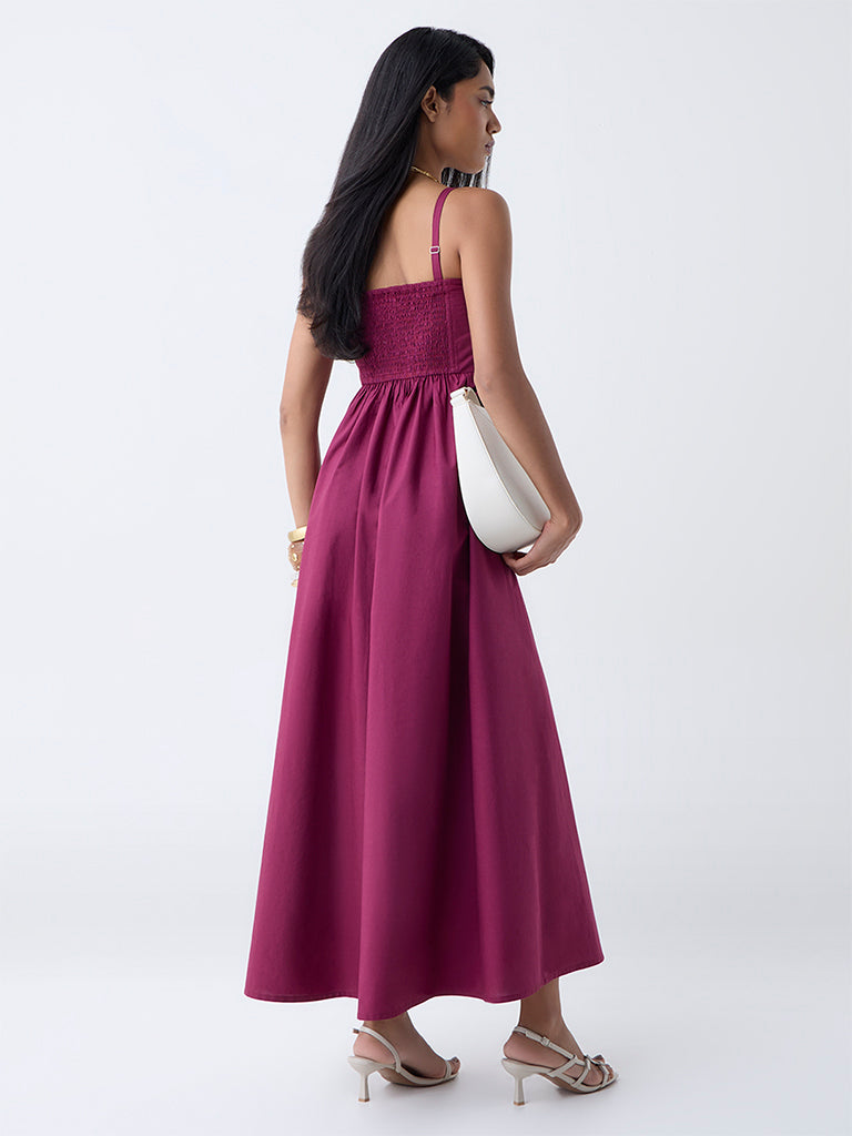 Westside LOV Women's Burgundy Floral Embroidered Cotton A-Line Dress for Casual Wear Back View
