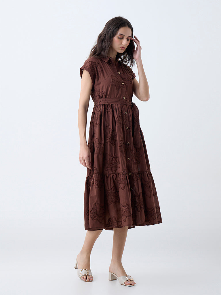 LOV Brown Floral Embroidered Cotton Shirt Dress with Belt