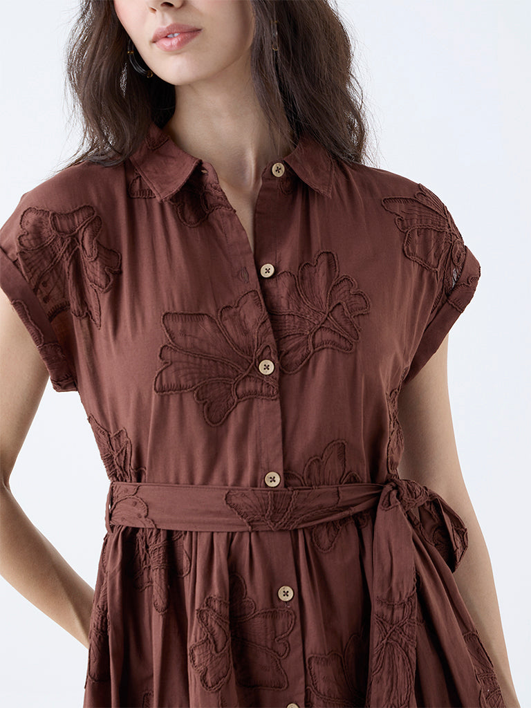 LOV Brown Floral Embroidered Cotton Shirt Dress with Belt