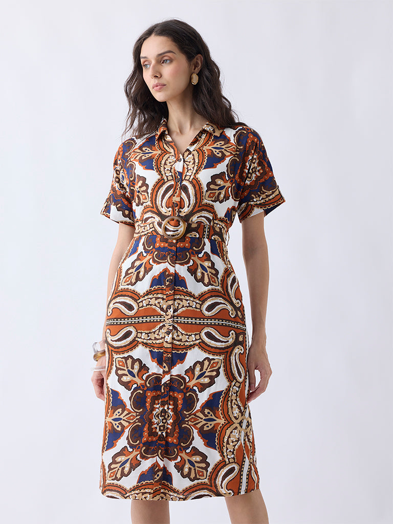 LOV Multicolour Printed Cotton Shirt Dress with Belt