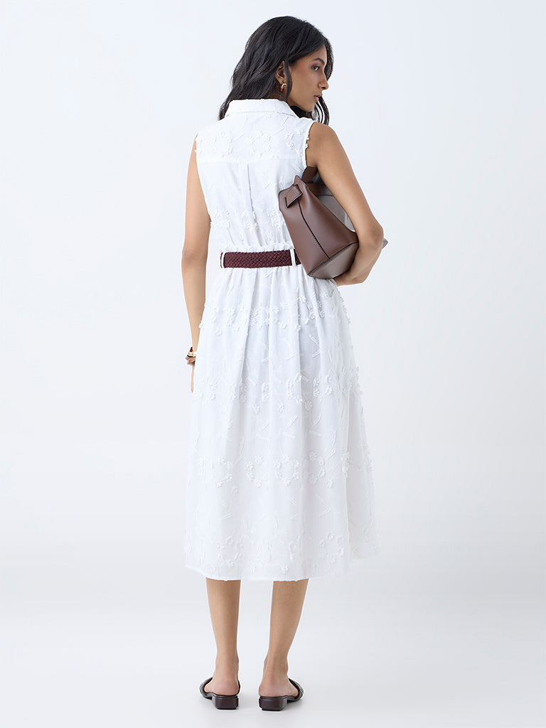 Westside LOV Women's White Floral Embroidered Cotton Shirt Dress with Belt for Casual Wear Back View