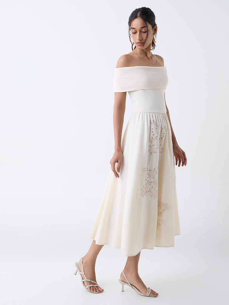 LOV Off-White Floral Embroidered Off-Shoulder Dress