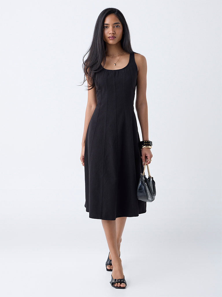 Westside LOV Women's Black Denim A-Line Dress for Casual Wear Front view