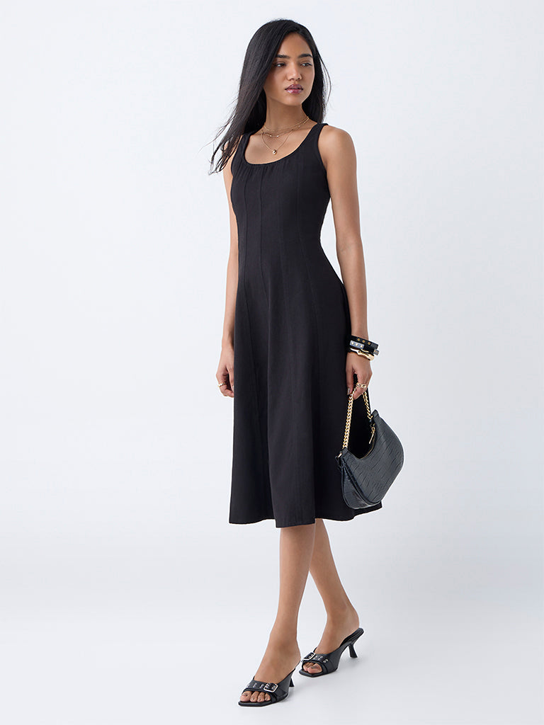 Westside LOV Women's Black Denim A-Line Dress for Casual Wear Full View