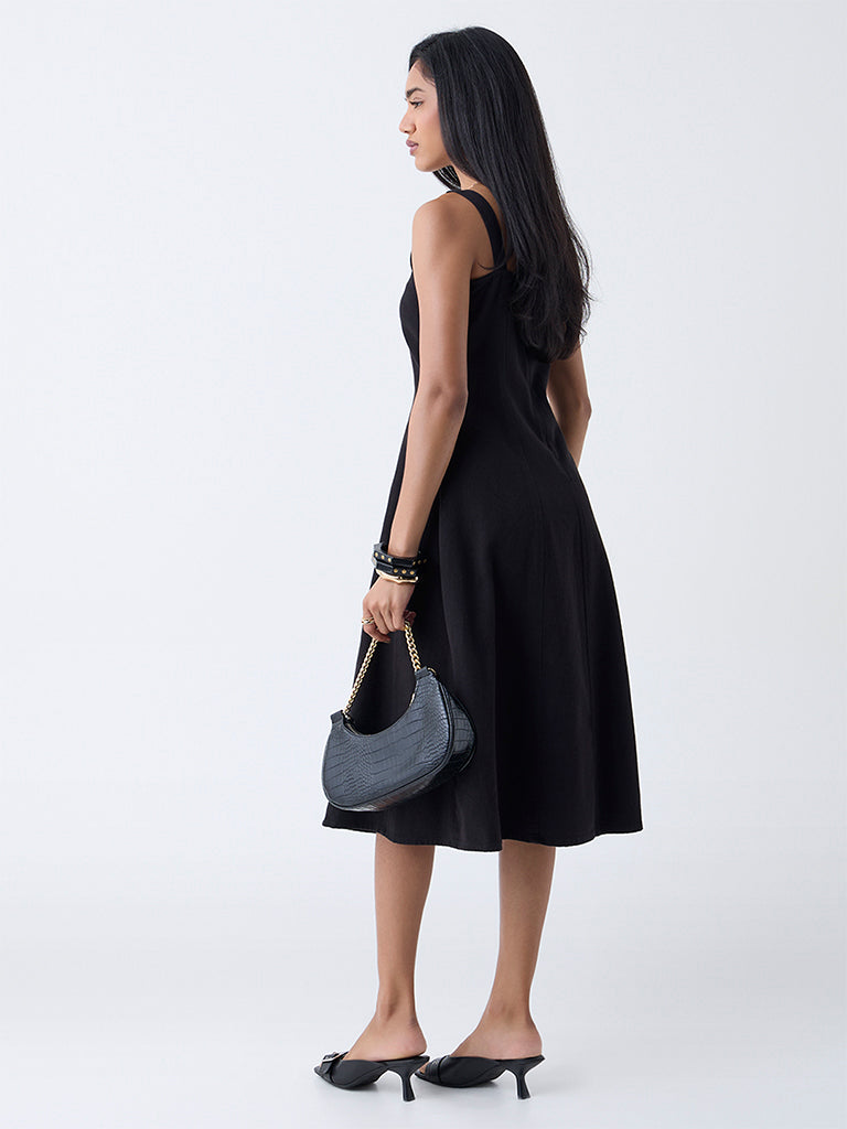 Westside LOV Women's Black Denim A-Line Dress for Casual Wear Back View