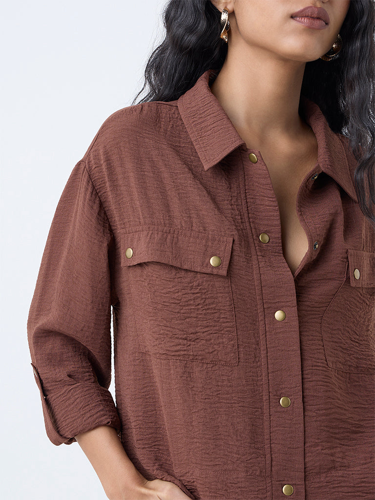 LOV Brown Crinkle-Texture Shirt