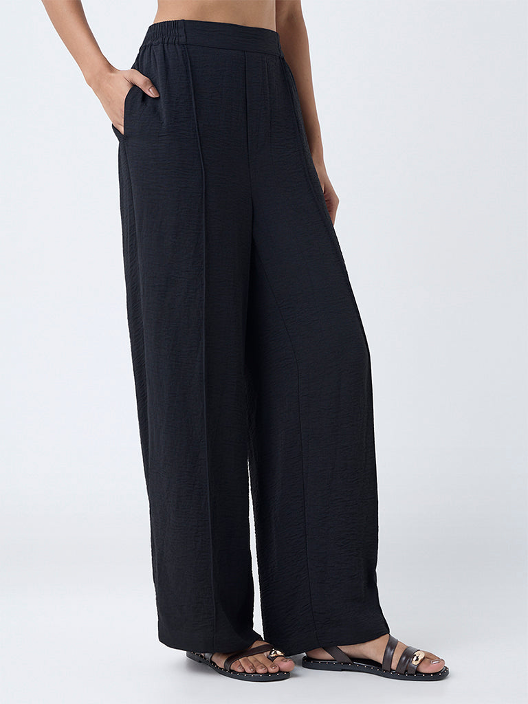 LOV Black Crinkle-Texture High-Rise Trousers