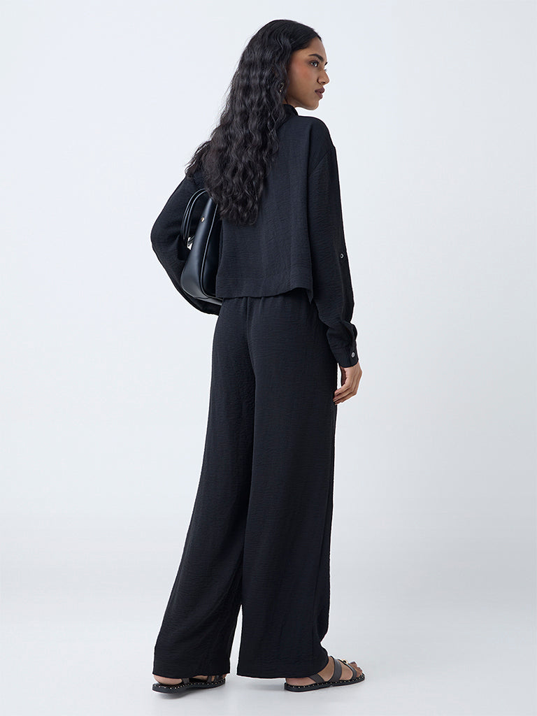 LOV Black Crinkle-Texture High-Rise Trousers