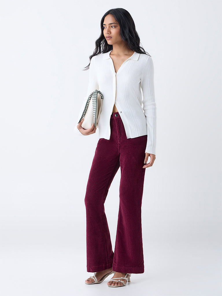 Buy LOV Burgundy Bootcut High-Rise Corduroy Trousers from Westside
