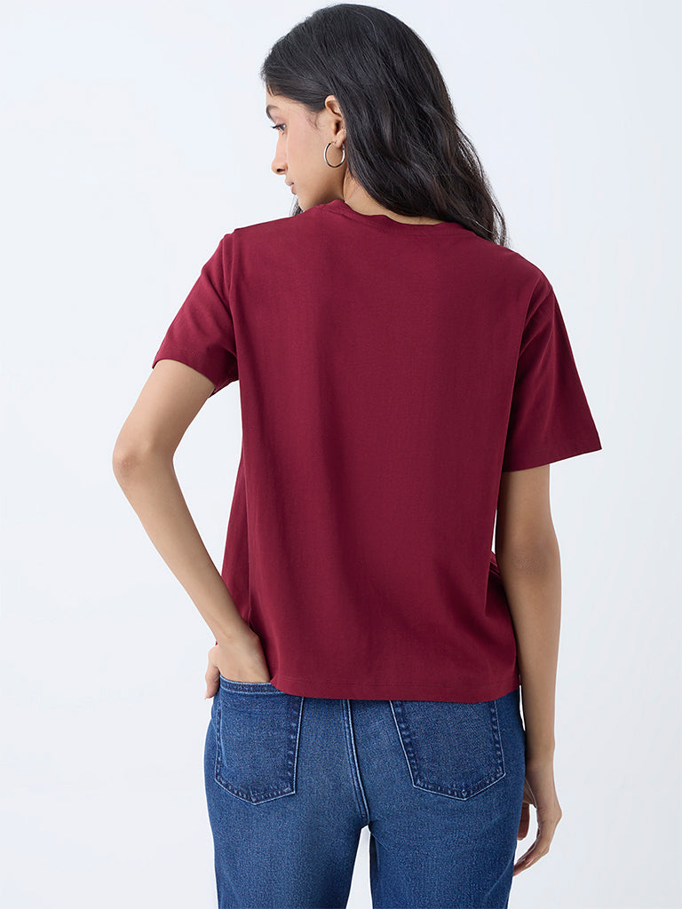 Westside LOV Women's Maroon Floral Pattern Cotton T-Shirt for Casual Wear Back View