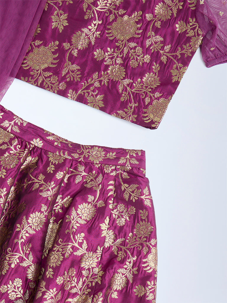 Utsa Kids Plum Floral Embroidered Ethnic Set - (8-14yrs)