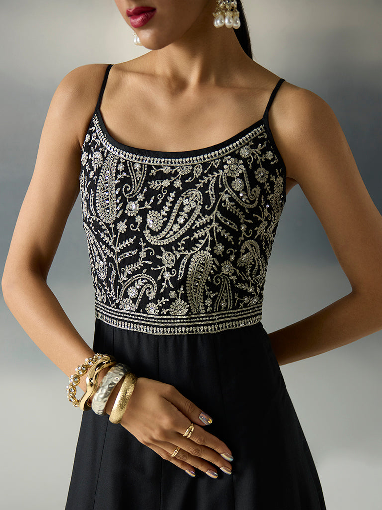 Vark Black Paisley Embroidered A-Line Dress