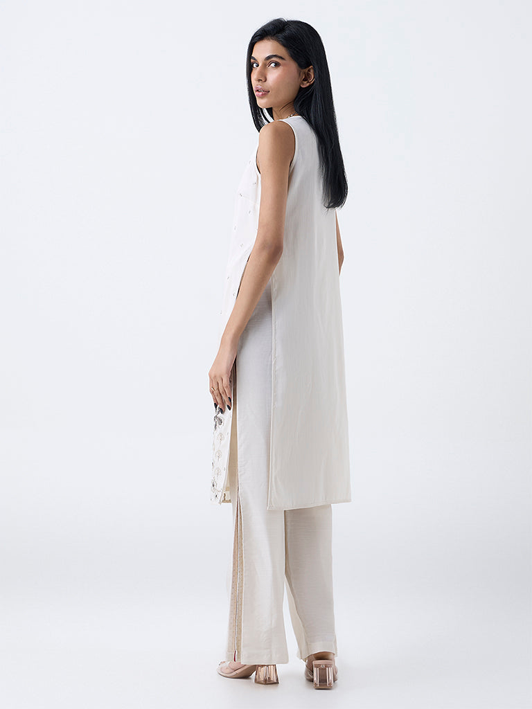 Vark Off-White Floral Embroidered A-Line Ethnic Set