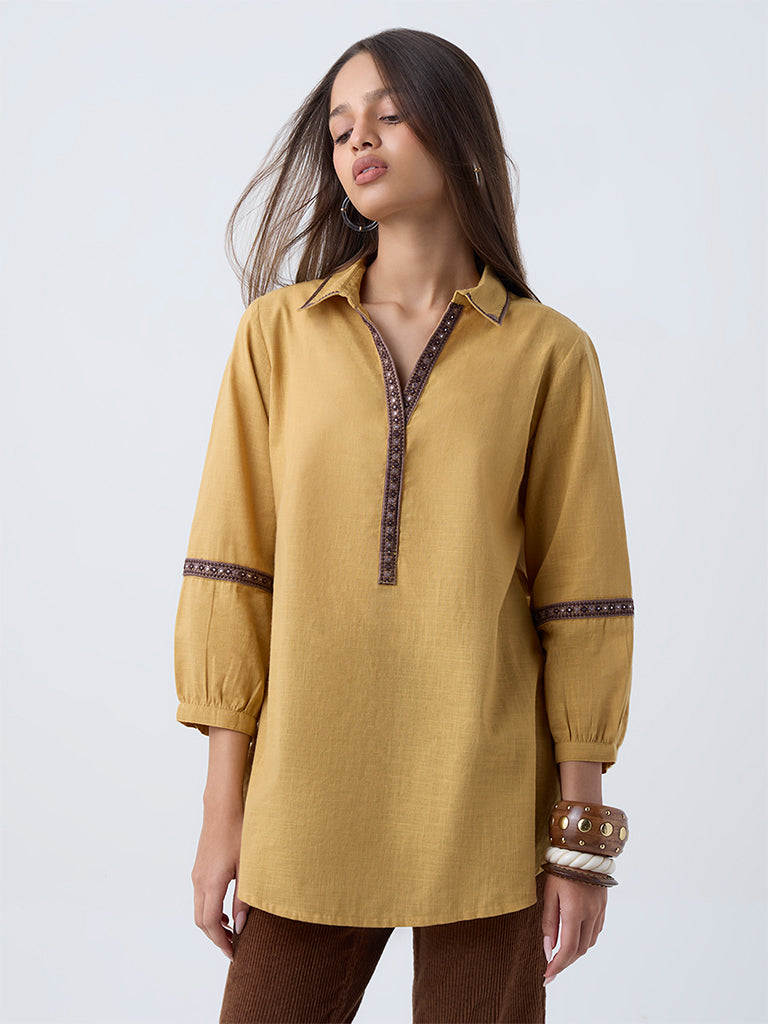 Utsa Mustard Embroidered Cotton Tunic