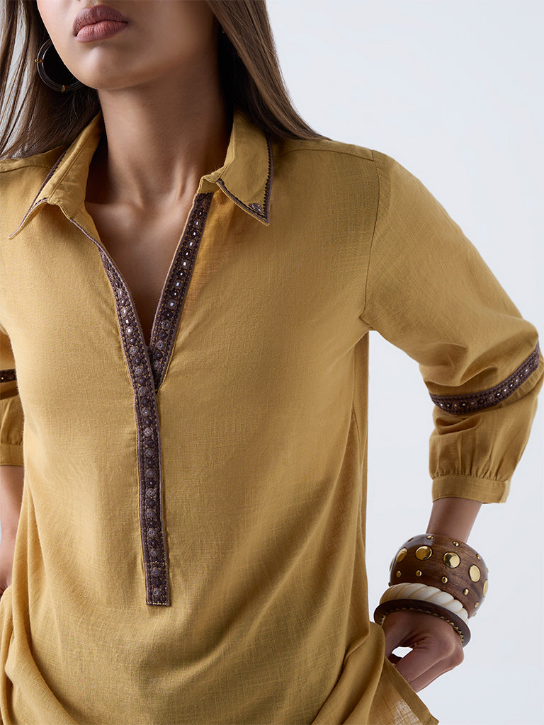 Utsa Mustard Embroidered Cotton Tunic