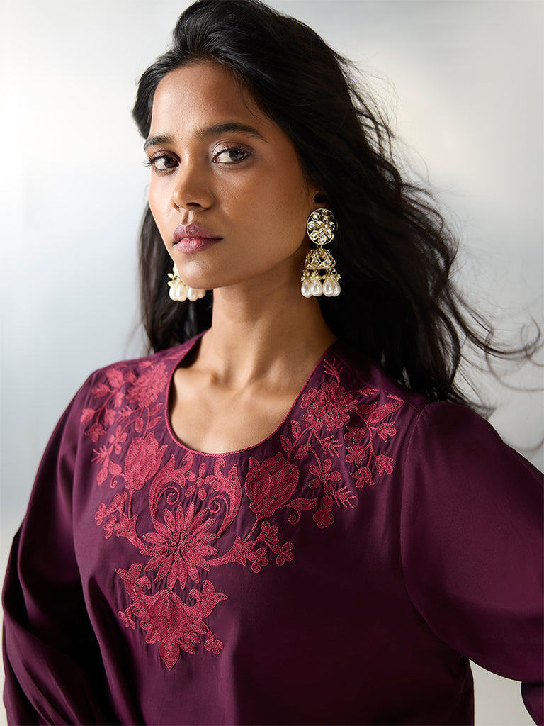 Utsa Purple Floral Embroidered Tunic