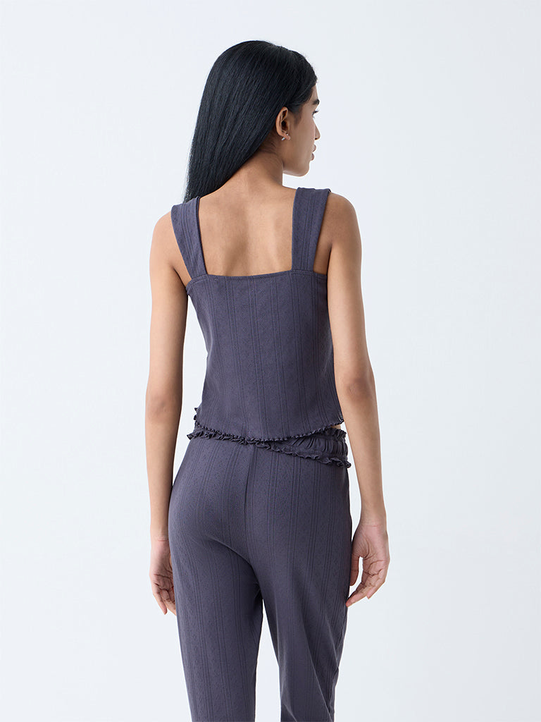 Superstar Charcoal Pointelle Knitted Cotton Top