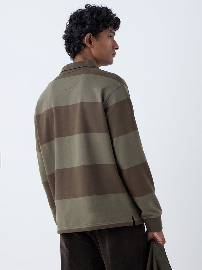 WES Casuals Olive Striped Relaxed Fit Cotton-Blend Polo T-Shirt
