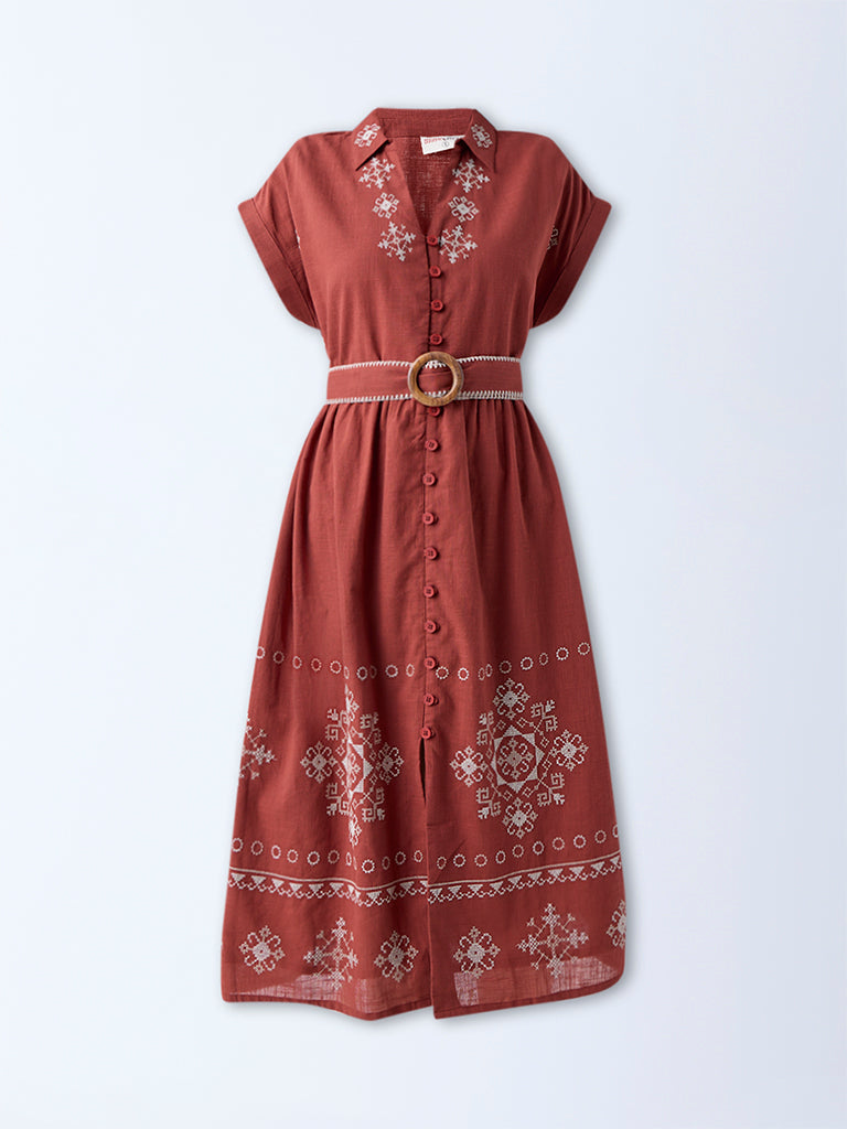 Bombay Paisley Rust Embroidered Cotton Shirt Dress with Belt