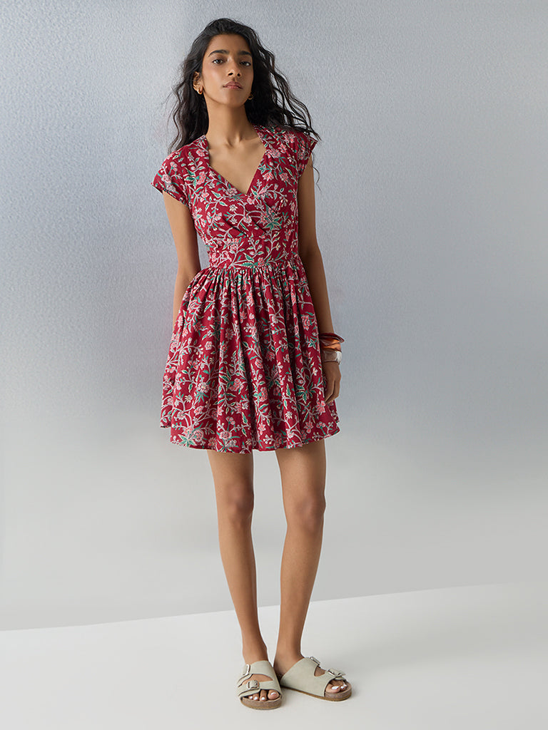 Bombay Paisley Red Floral Pattern Cotton A-Line Dress