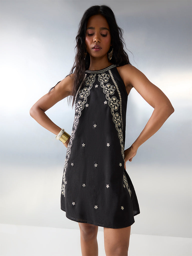 Bombay Paisley Black Embellished Cotton A-Line Dress