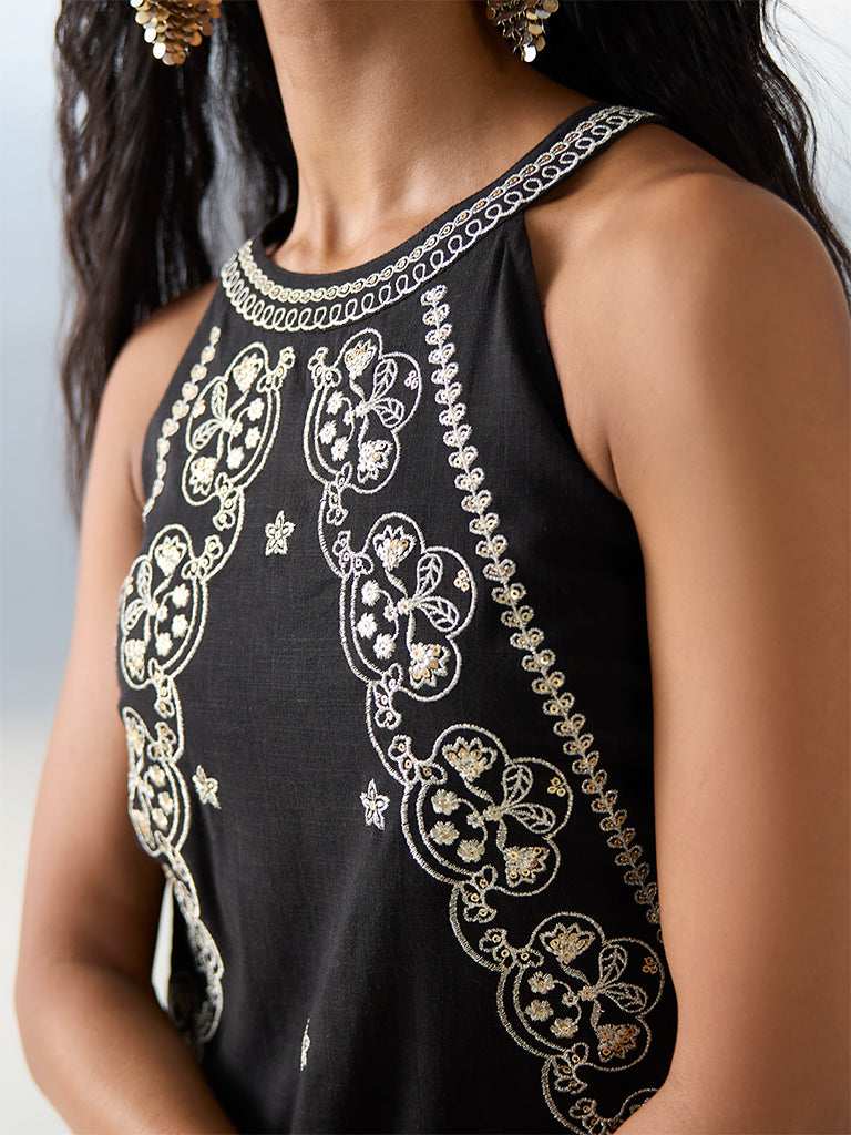 Bombay Paisley Black Embellished Cotton A-Line Dress