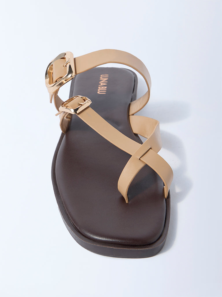 LUNA BLU Beige Dual-Strap Buckled Slides