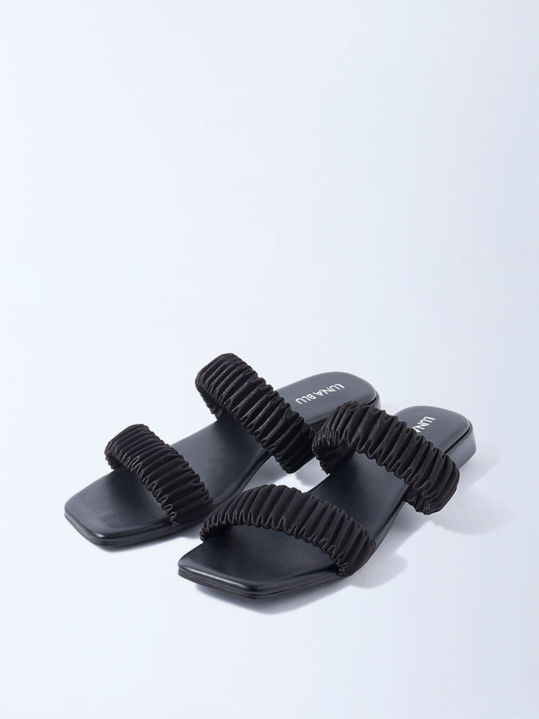 LUNA BLU Black Ruched Dual-Strap Sandals