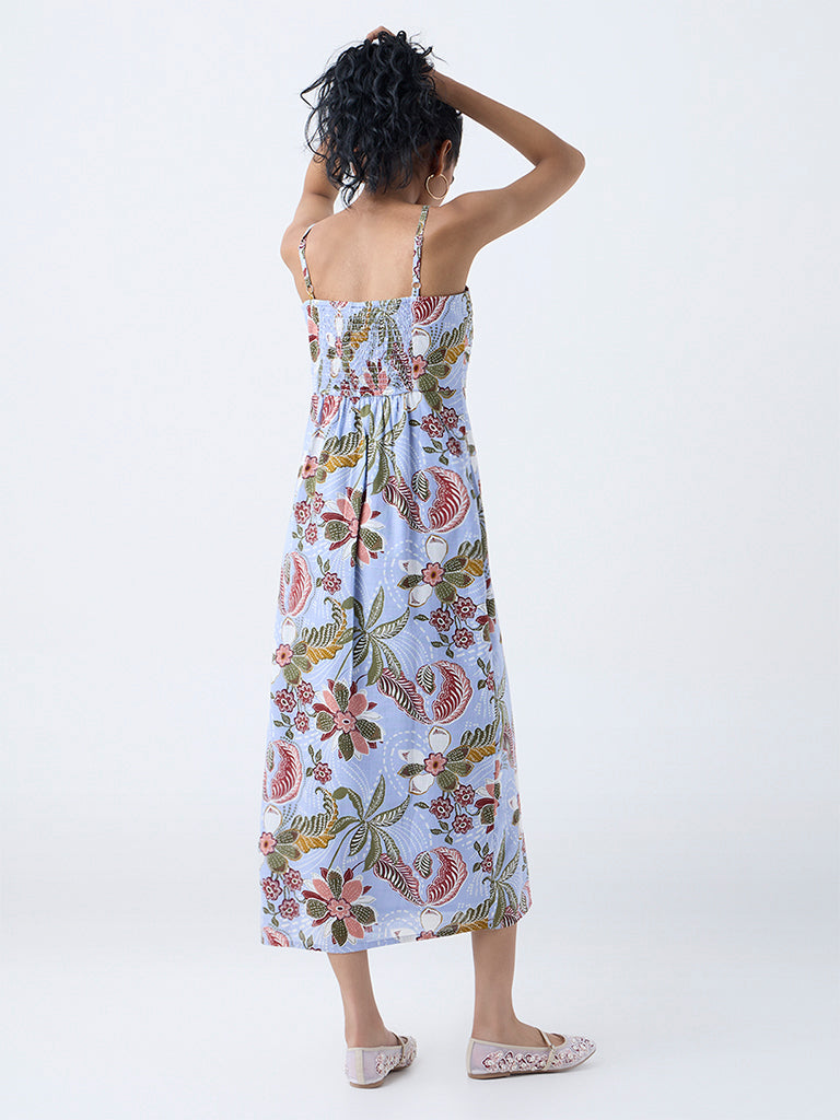 Bombay Paisley Blue Floral Pattern Cotton A-line Dress