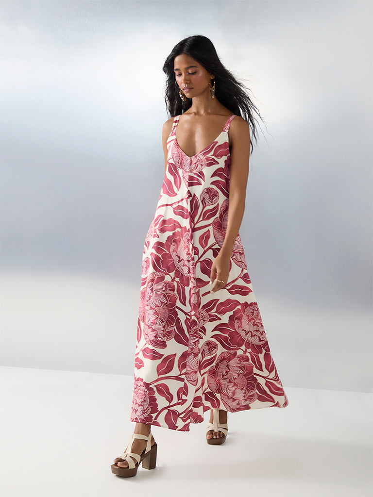 Bombay Paisley Red Botanical Printed Cotton A-Line Dress