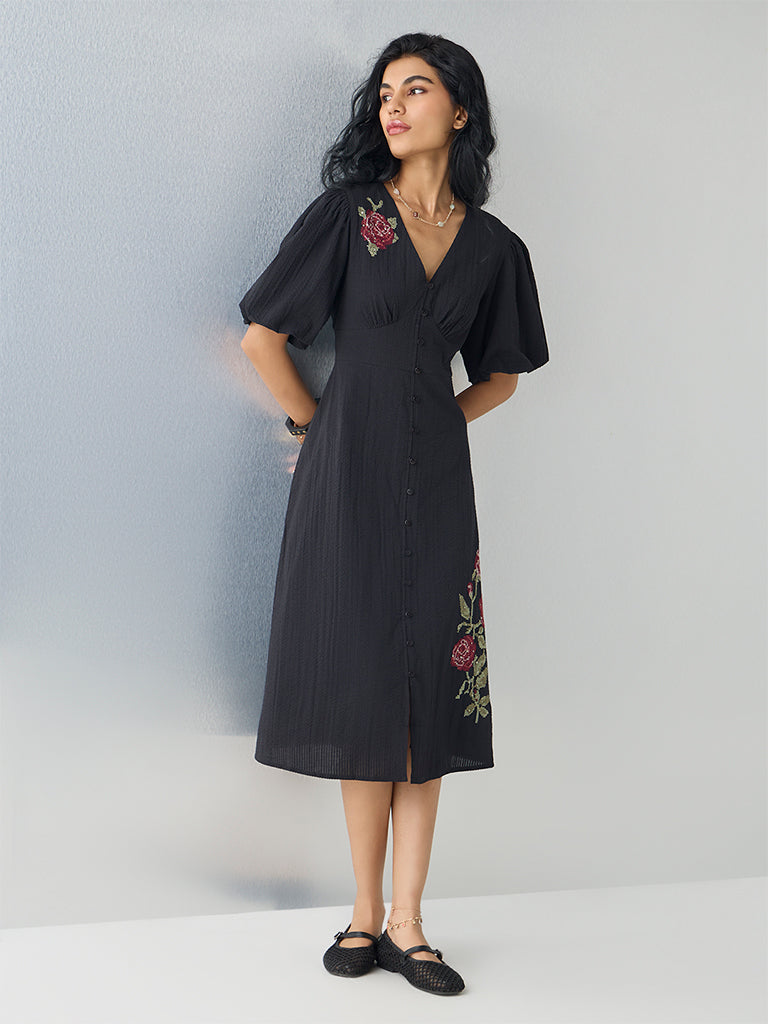 Bombay Paisley Black Embroidered Cotton A-Line Dress