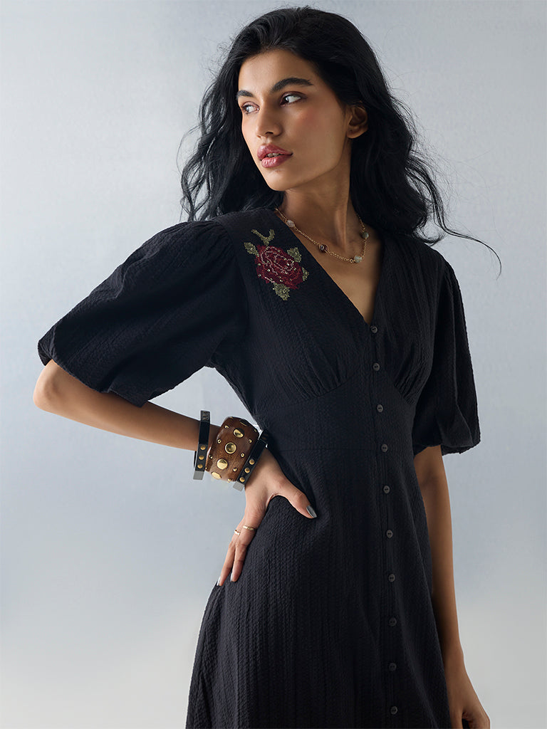 Bombay Paisley Black Embroidered Cotton A-Line Dress