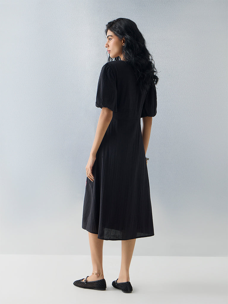 Bombay Paisley Black Embroidered Cotton A-Line Dress