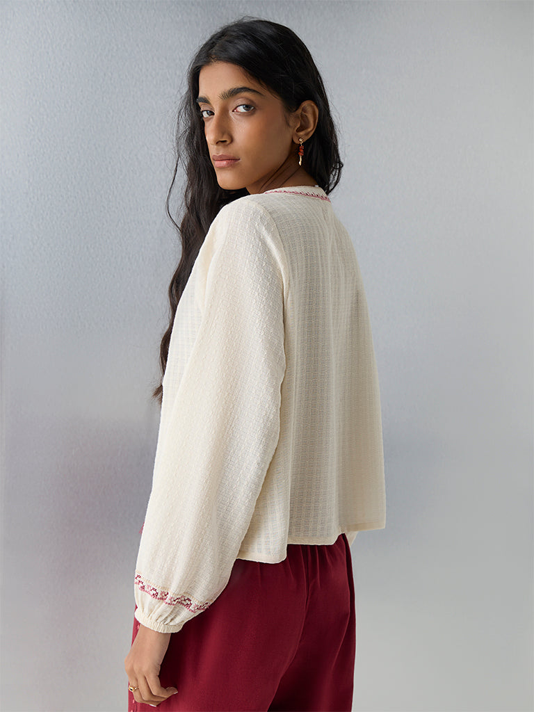 Bombay Paisley Off-White Embroidered Cotton Top