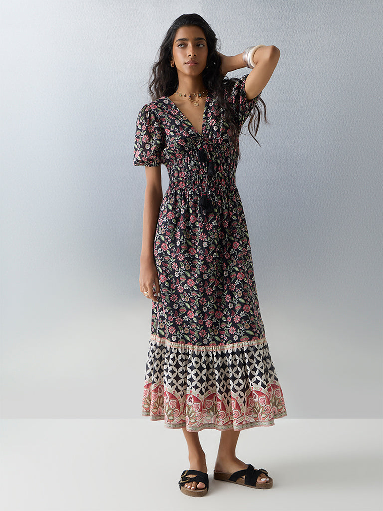 Bombay Paisley Black Floral Design Cotton Tiered Dress