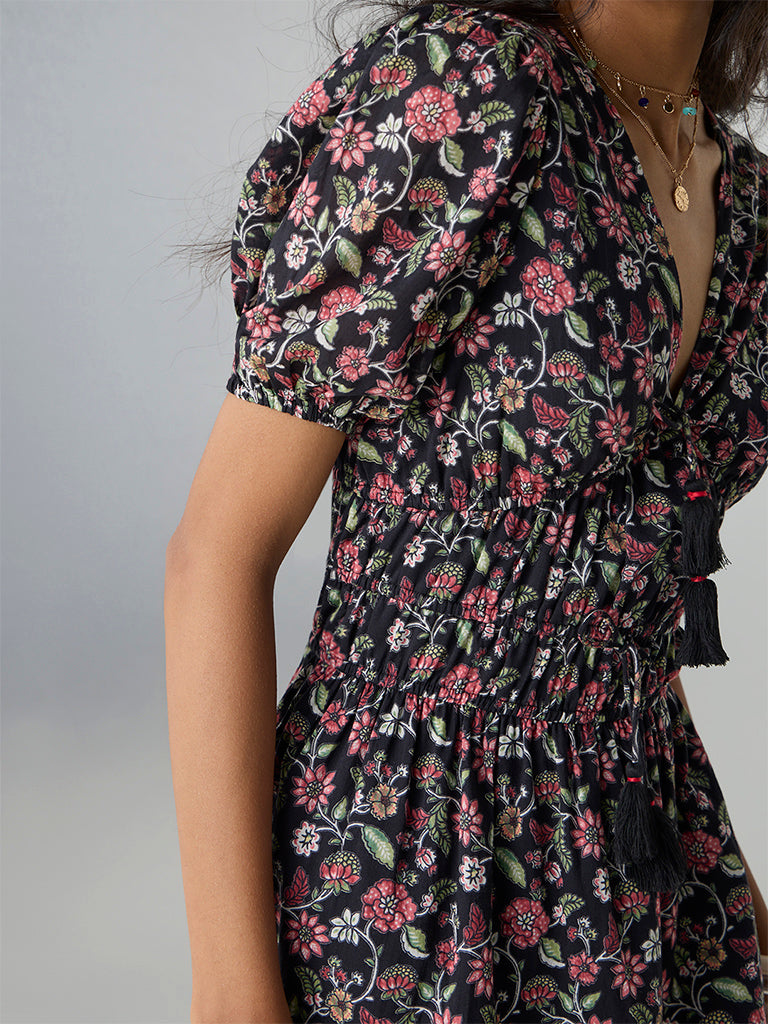Bombay Paisley Black Floral Design Cotton Tiered Dress