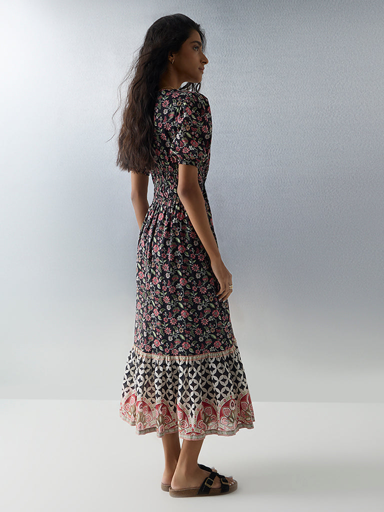 Bombay Paisley Black Floral Design Cotton Tiered Dress