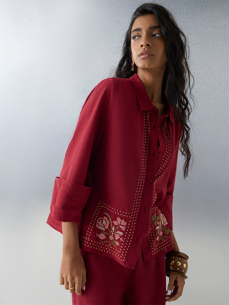 Bombay Paisley Red Embroidered Cotton Shirt