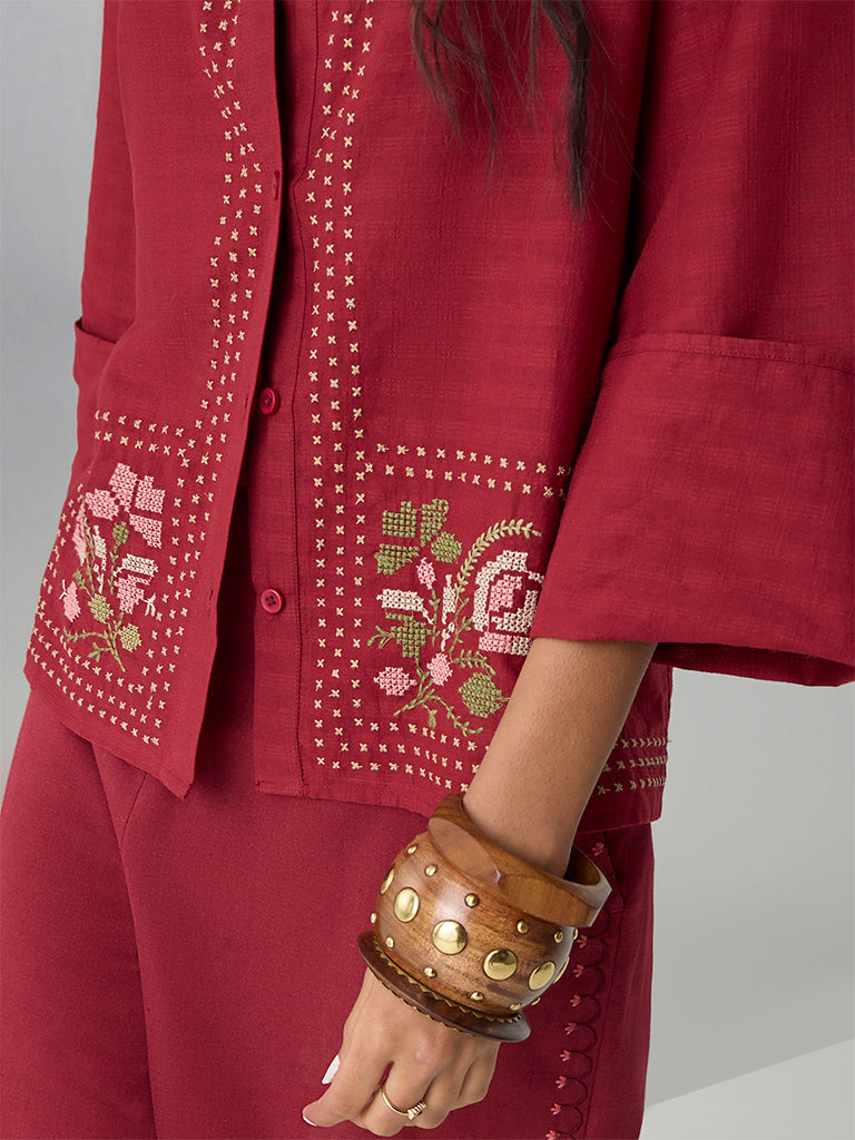 Bombay Paisley Red Embroidered Cotton Shirt