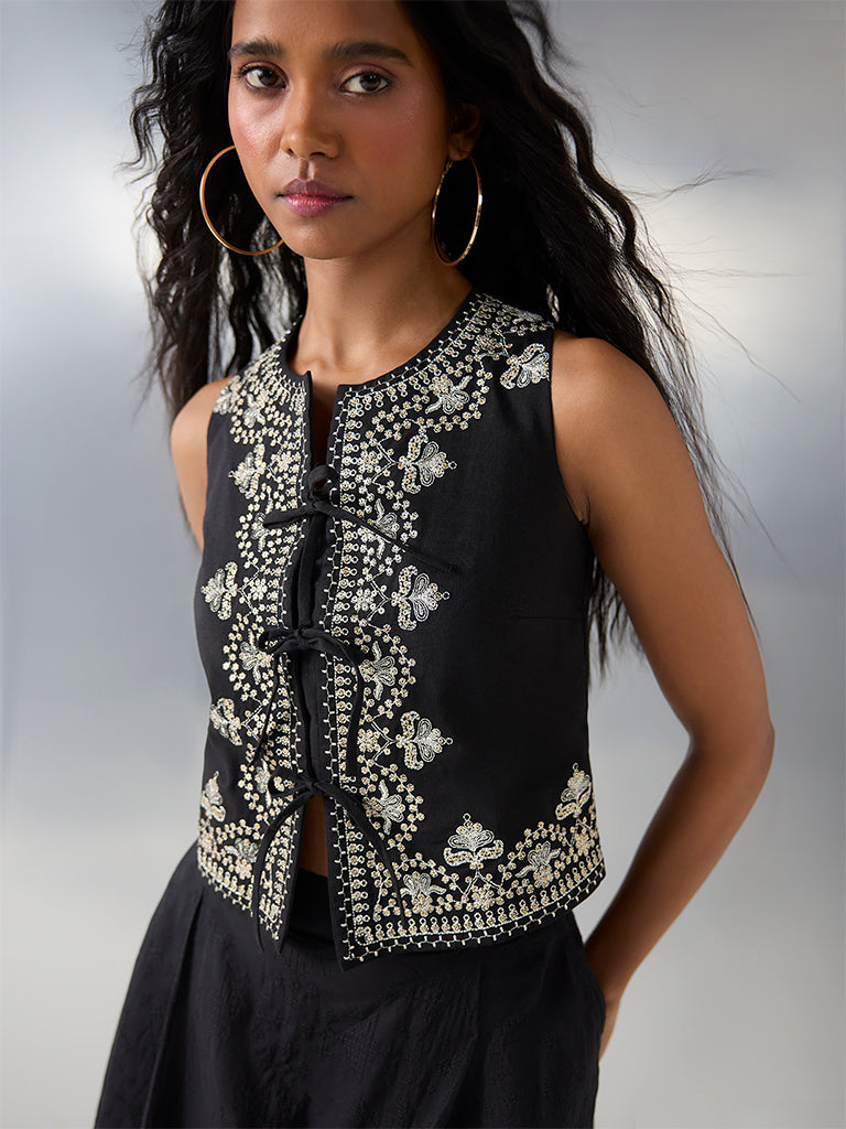 Bombay Paisley Black Floral Embroidered Cotton-Blend Top