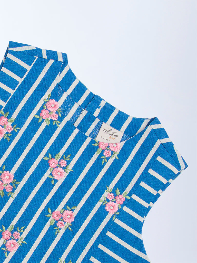 Utsa Kids Blue Floral Embroidered Cotton-Blend Top - (8-14yrs)