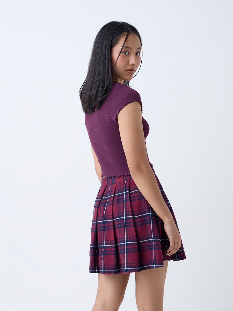 Westside Nuon Women's Plum Ribbed Cotton-Blend Top for Casual Wear Back View