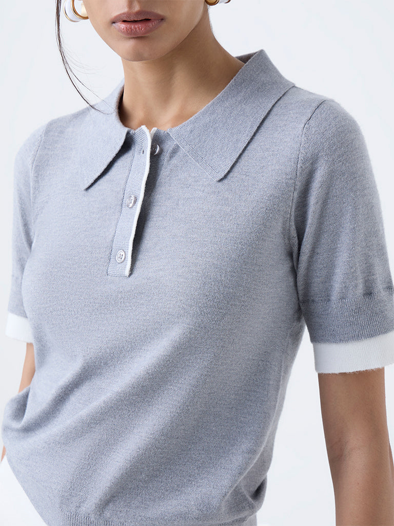 Wardrobe Grey Knitted Polo T-Shirt