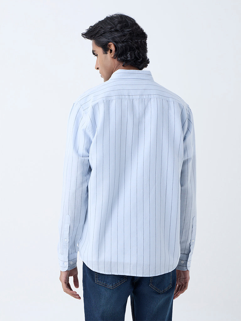 WES Casuals Light Blue Pinstriped Relaxed-Fit Cotton-Blend Shirt